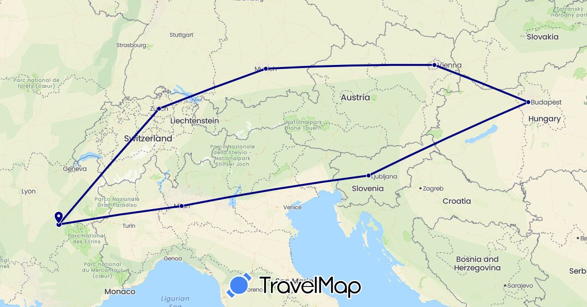 TravelMap itinerary: driving in Austria, Switzerland, Germany, France, Hungary, Italy, Slovenia (Europe)