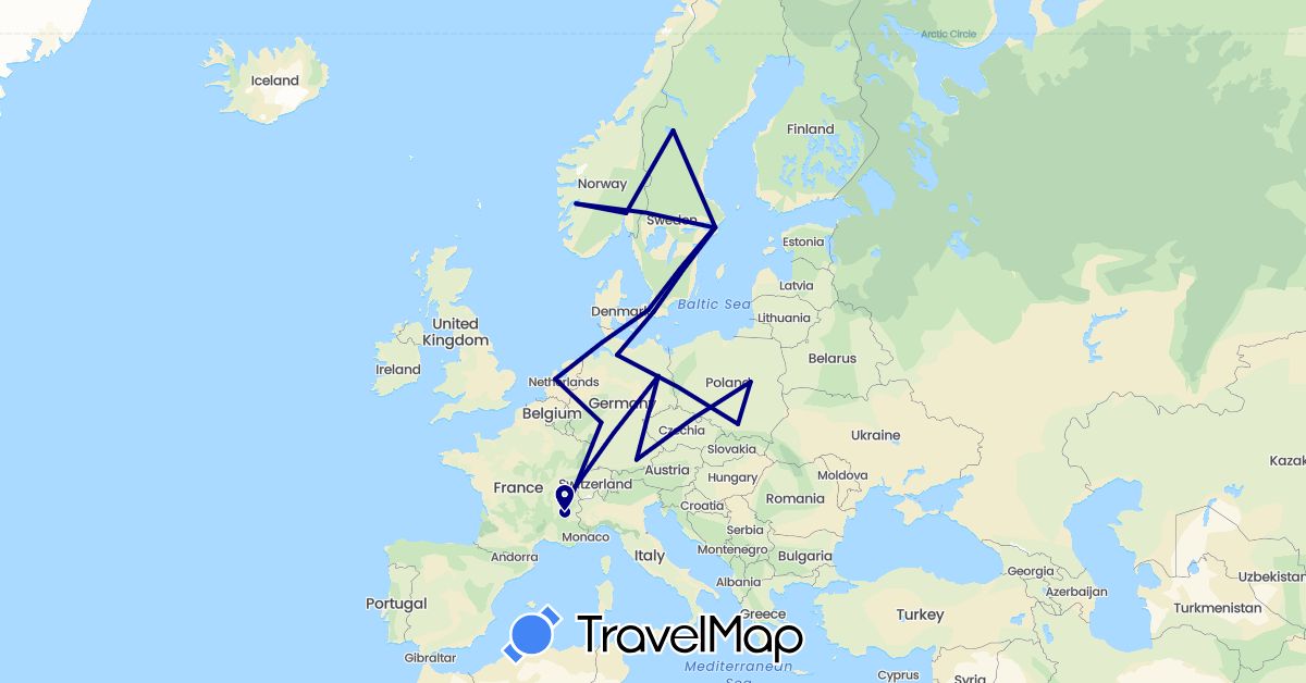 TravelMap itinerary: driving, train in Germany, Denmark, France, Netherlands, Norway, Poland, Sweden (Europe)